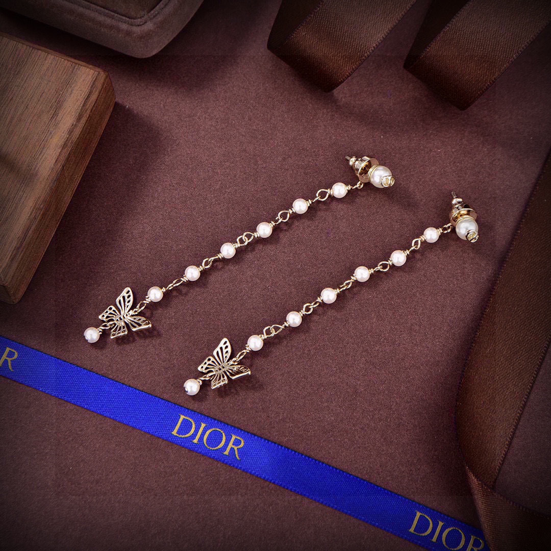 Dior CD Butterfly Pearl Long Drop earrings Gold-tone metal with white pearls Approximately 8cm drop length