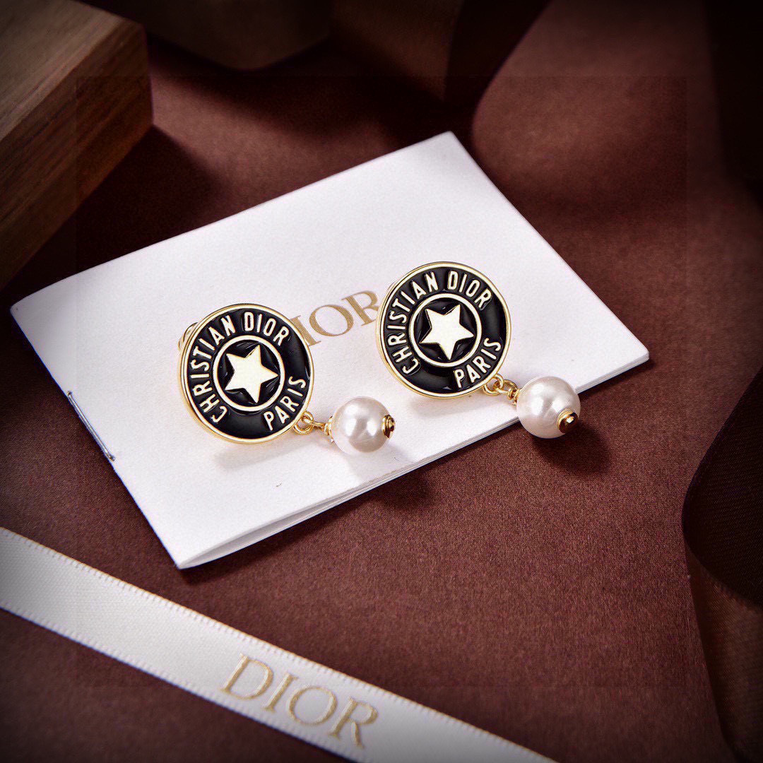 Dior Christian Dior Paris Star Pearl Drop earrings gold-tone metal black enamel cream white faux pearl 3 2cm drop length