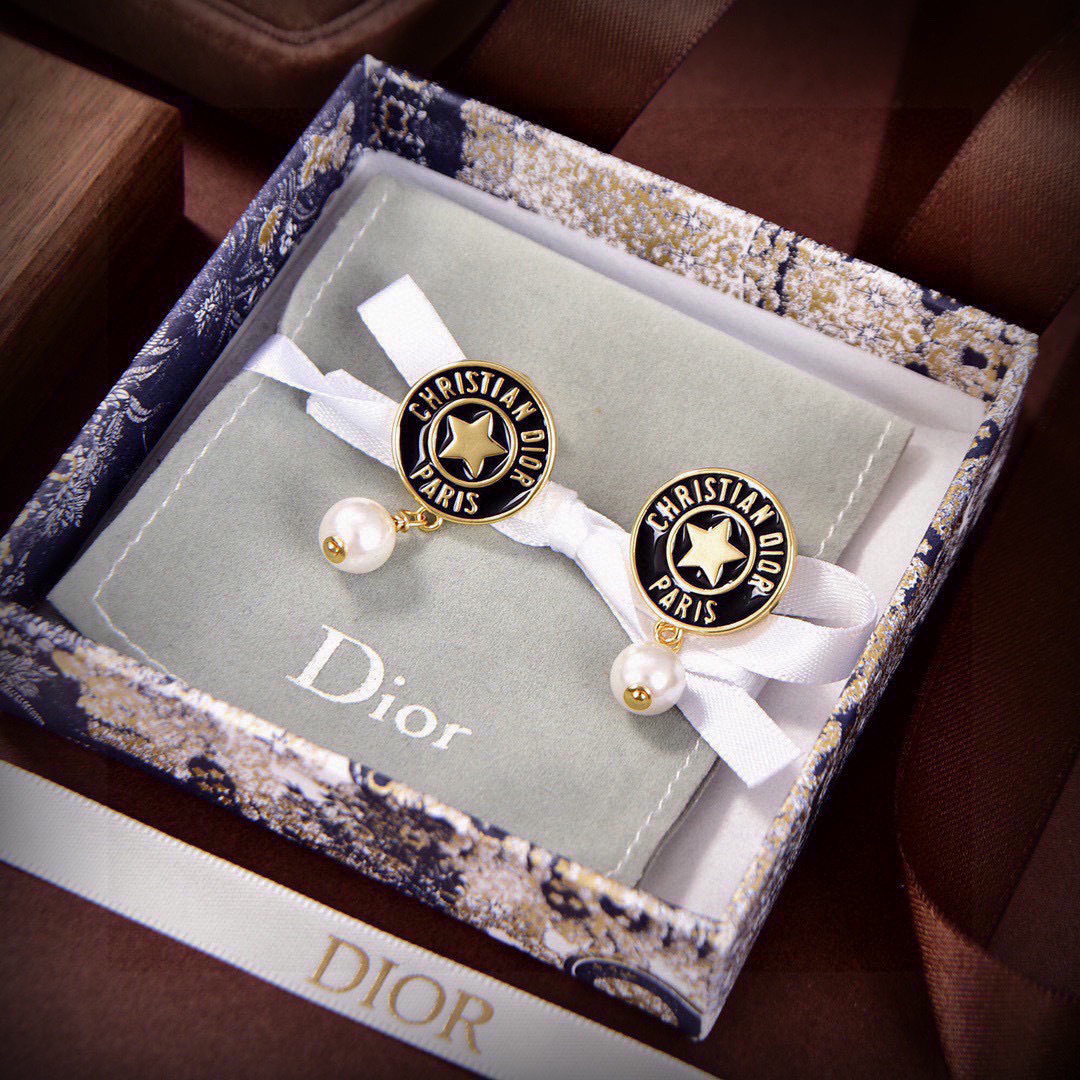 Dior Christian Dior Paris Star Pearl Drop earrings gold-tone metal black enamel cream white faux pearl 3 2cm drop length