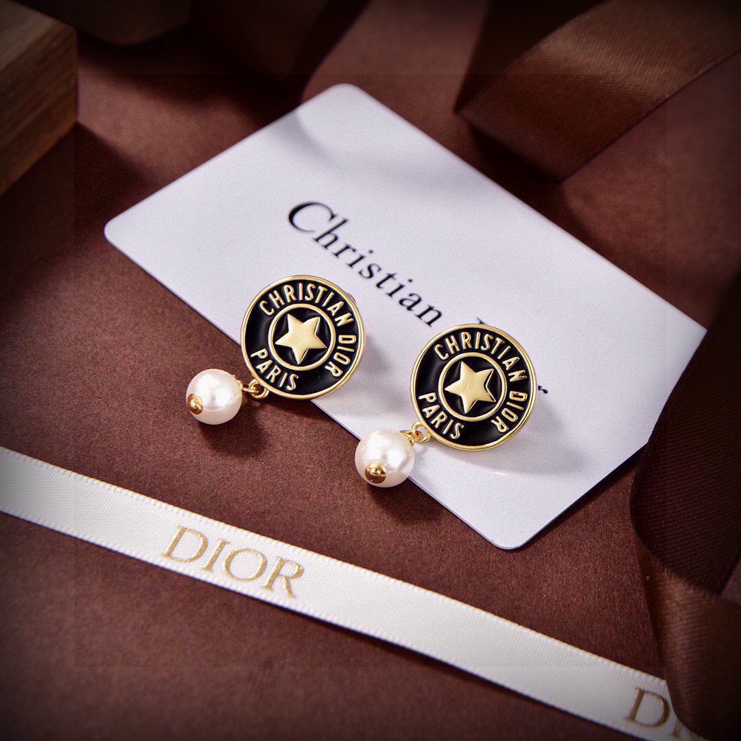 Dior Christian Dior Paris Star Pearl Drop earrings gold-tone metal black enamel cream white faux pearl 3 2cm drop length
