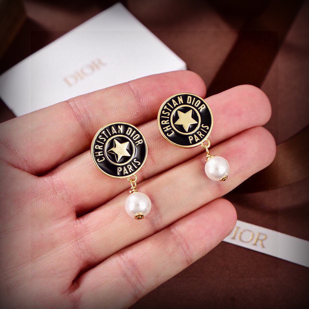 Dior Christian Dior Paris Star Pearl Drop earrings gold-tone metal black enamel cream white faux pearl 3 2cm drop length
