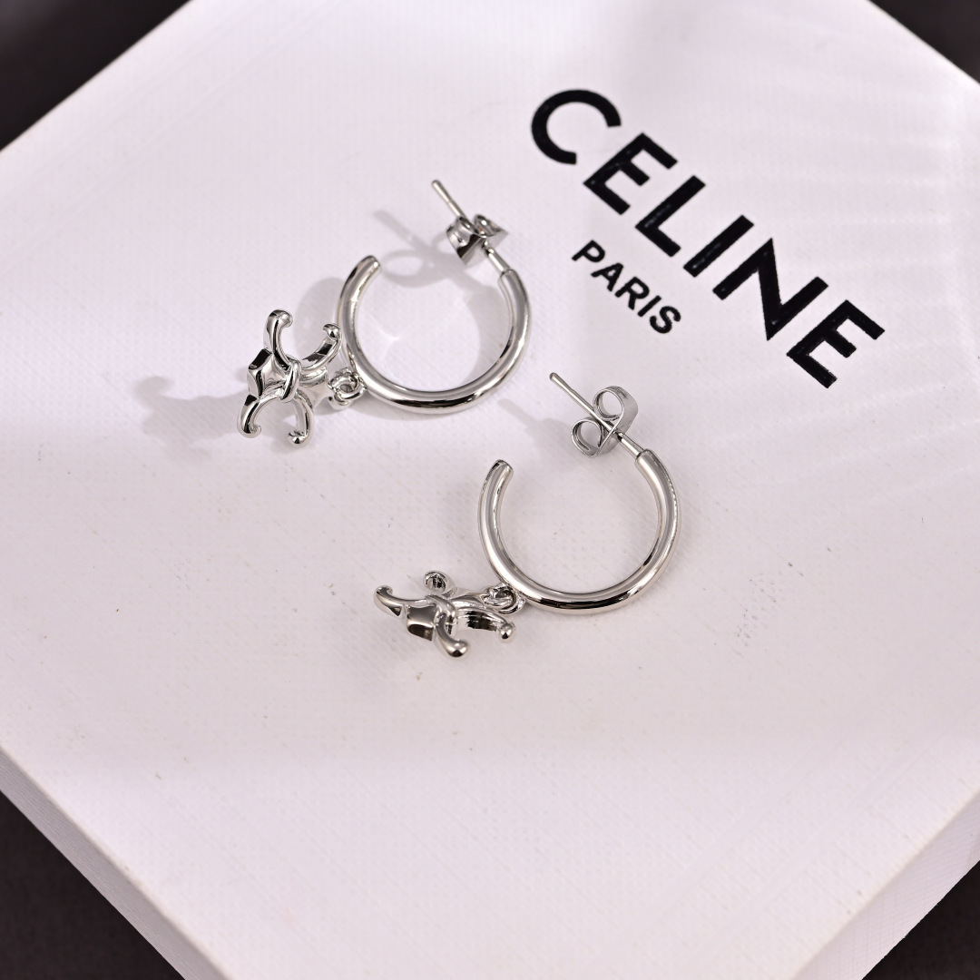 Celine Triomphe earrings silver-toned metal no accent stones 12mm hoop diameter