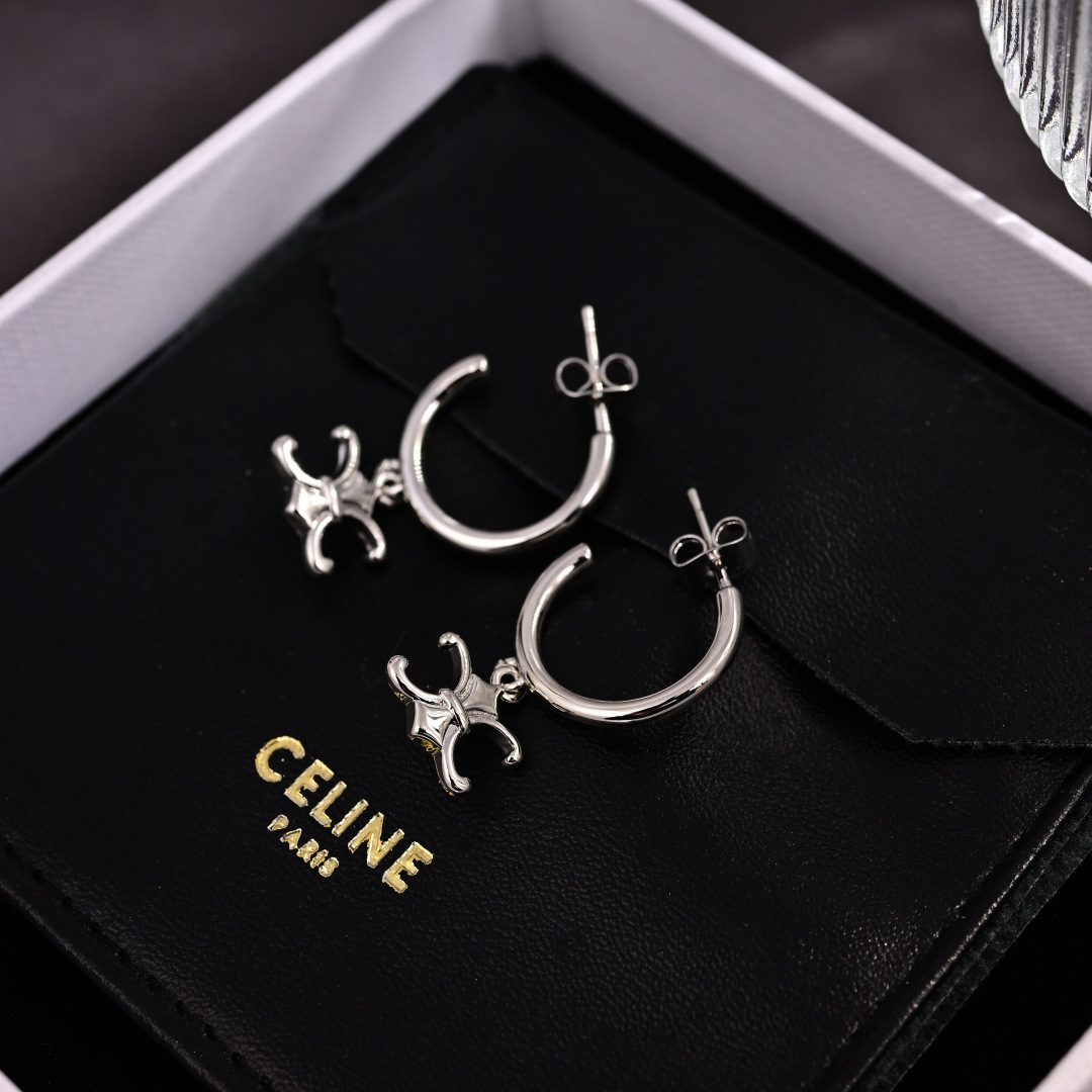 Celine Triomphe earrings silver-toned metal no accent stones 12mm hoop diameter