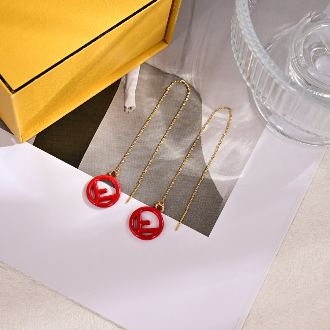 Fendi F is Fendi Logo Threader Earrings earrings Gold-tone metal with pastel pink enamel first variant gold-tone metal with bright yellow enamel third variant additional variants include red navy blue white enamel with gold-tone metal 10cm chain length