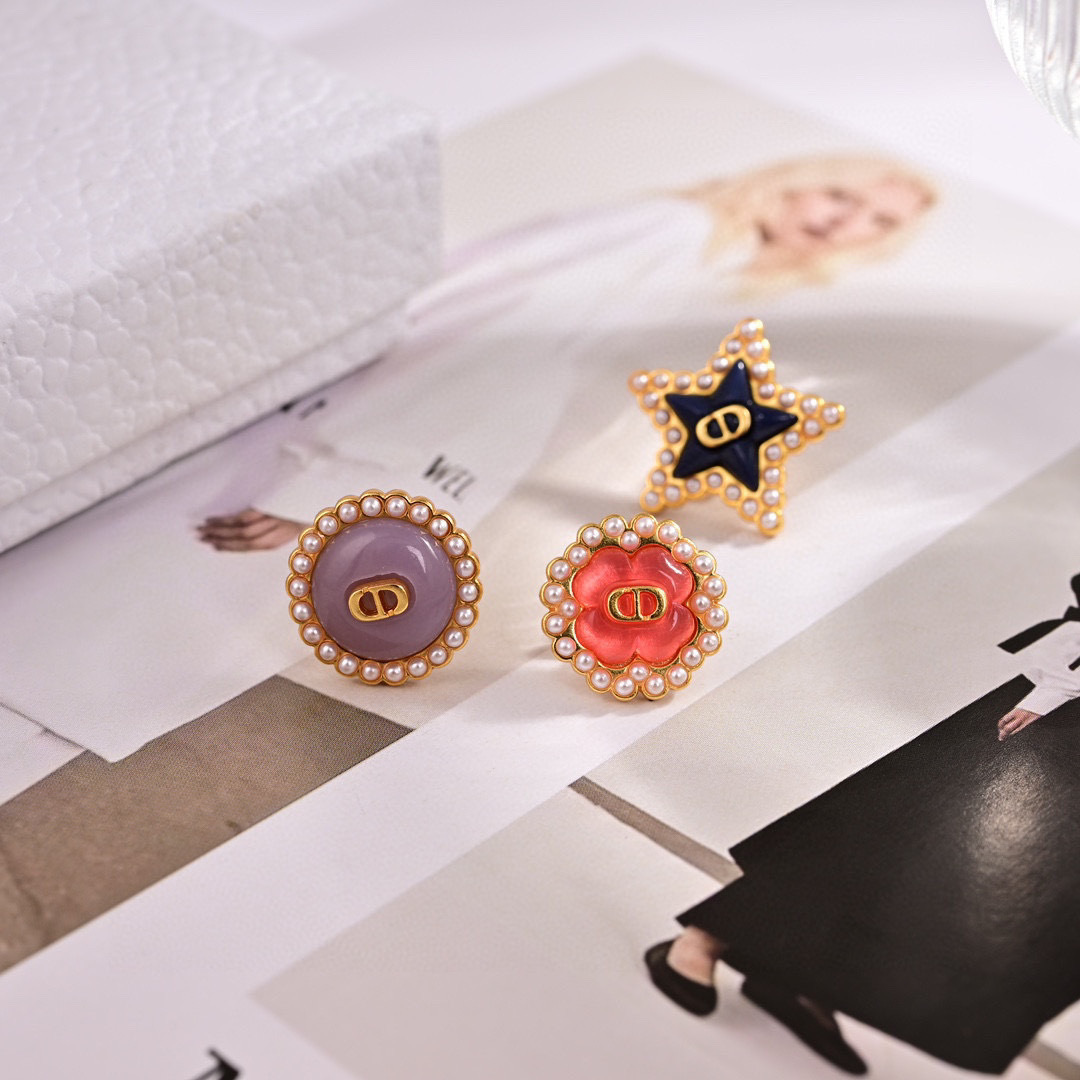 Dior Petit CD Lucky Charms Stud Earrings Set earrings Gold-tone metal with white faux pearls navy blue enamel star coral pink resin flower lavender purple resin disc gold CD logo accents One Size 1 2cm diameter per