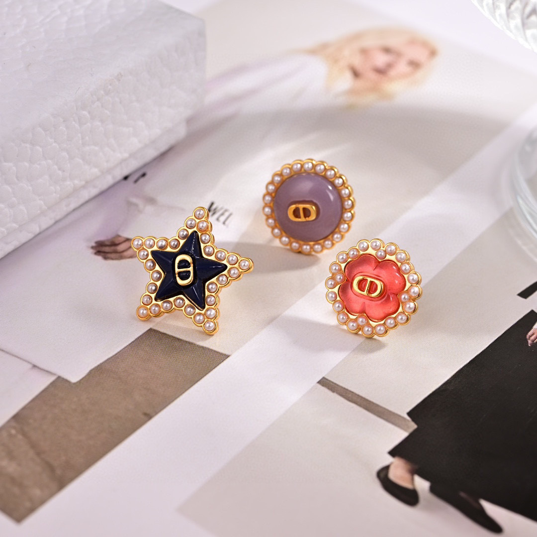 Dior Petit CD Lucky Charms Stud Earrings Set earrings Gold-tone metal with white faux pearls navy blue enamel star coral pink resin flower lavender purple resin disc gold CD logo accents One Size 1 2cm diameter per