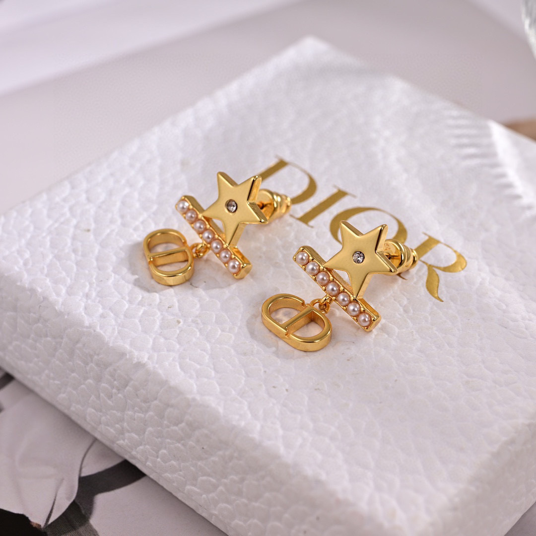 Dior Star CD Pearl Drop Earrings earrings Gold-tone metal white pearls clear crystal accents One Size