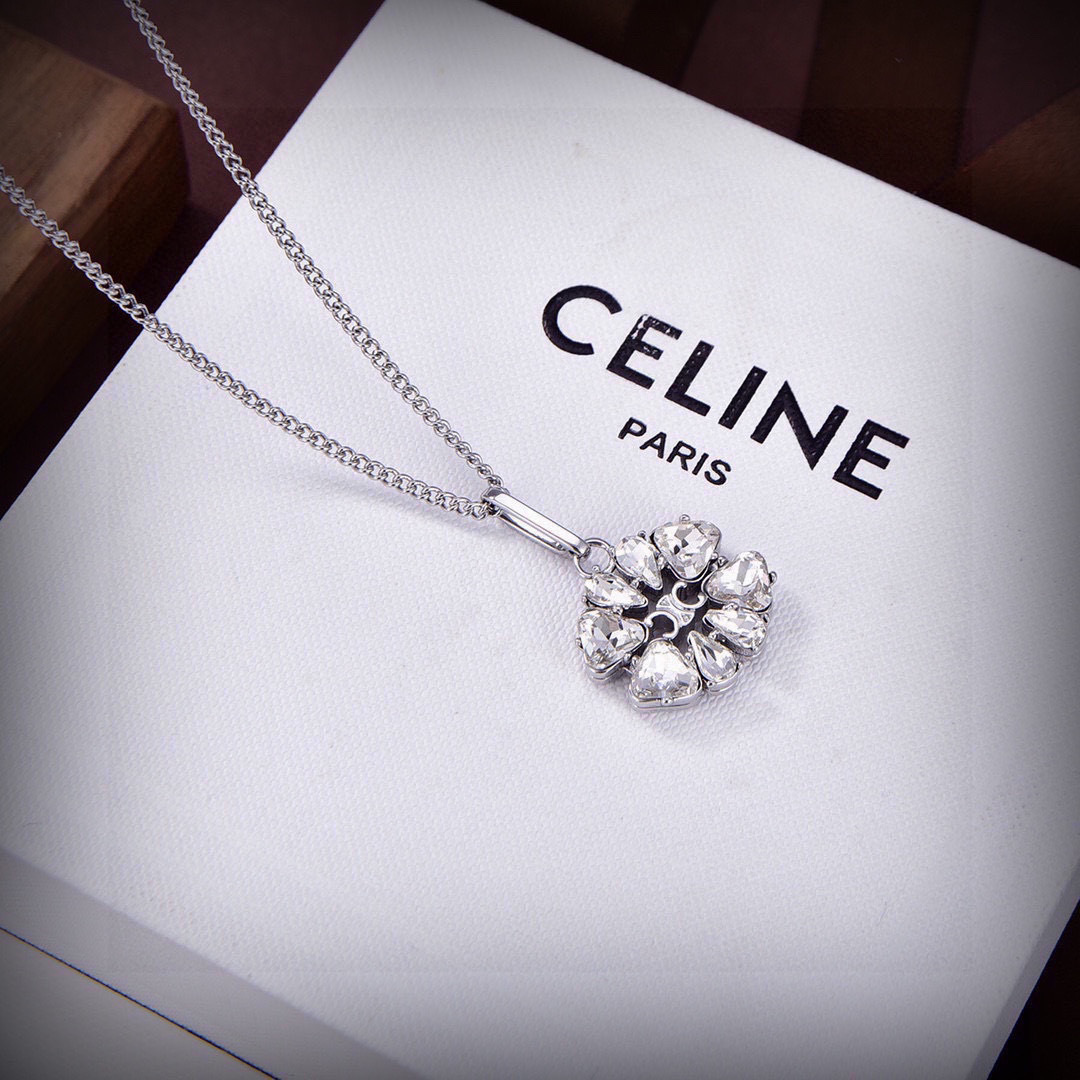 Celine DAISY necklace Silver-toned brass with clear crystal accents 45cm