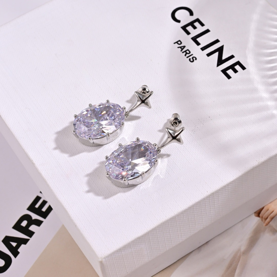 Celine Star Motif Oval Crystal Drop Earrings earrings silver-toned metal clear faceted crystal 2 5cm drop length