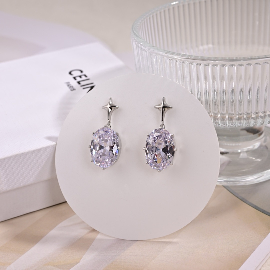 Celine Star Motif Oval Crystal Drop Earrings earrings silver-toned metal clear faceted crystal 2 5cm drop length