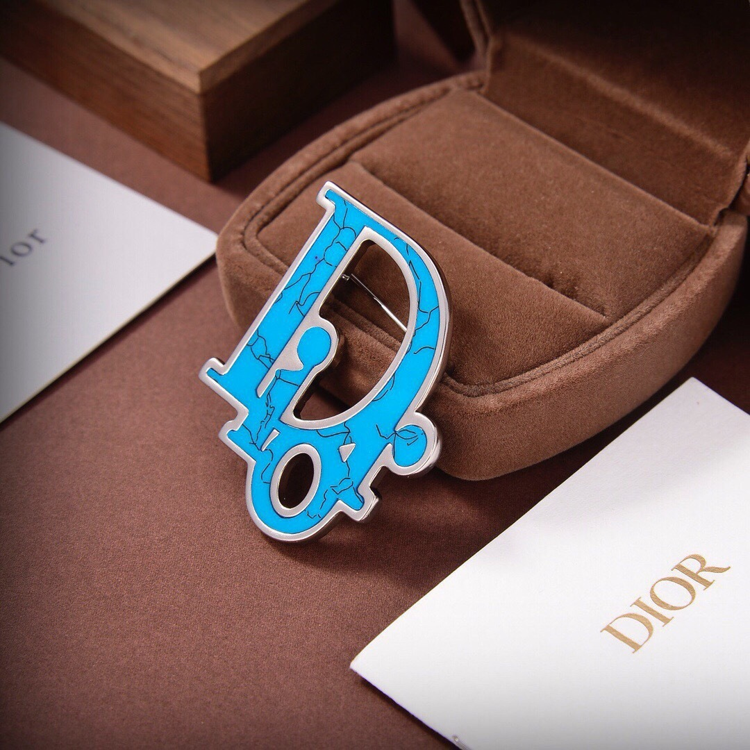Dior CD Logo Brooch brooch Silver-toned metal with bright turquoise crackle enamel 4cm width
