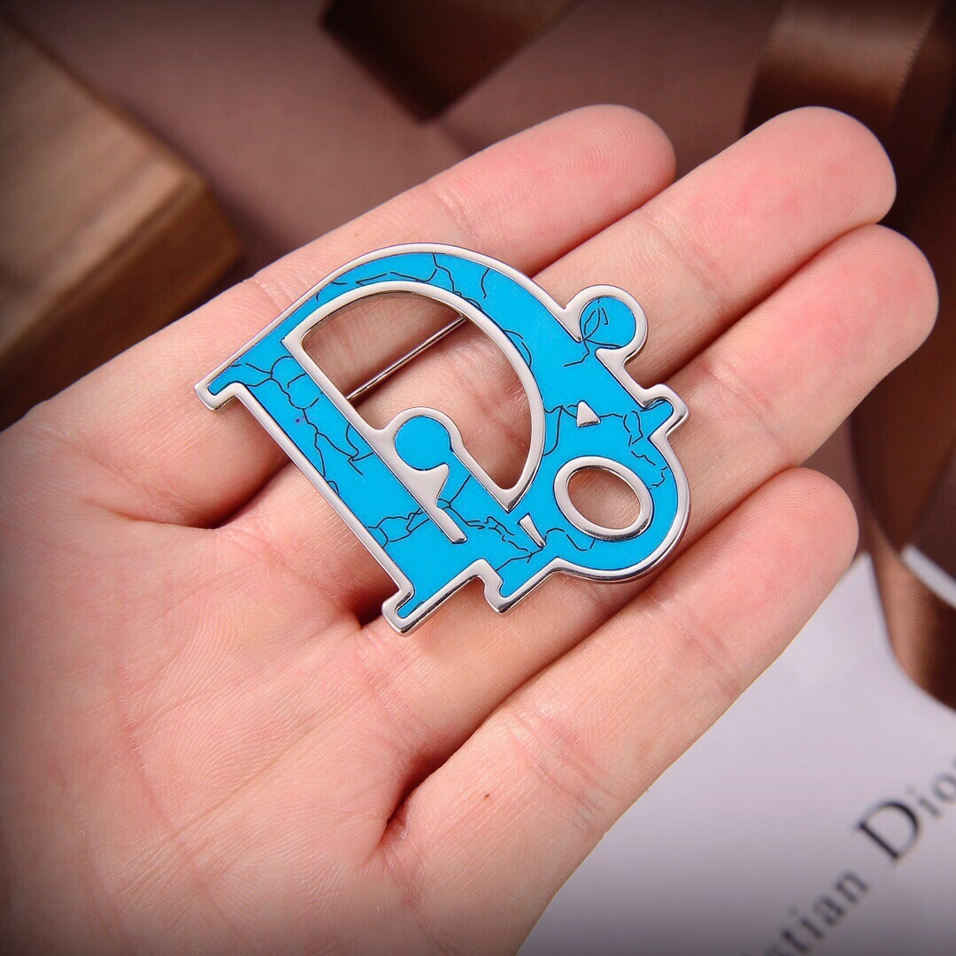 Dior CD Logo Brooch brooch Silver-toned metal with bright turquoise crackle enamel 4cm width