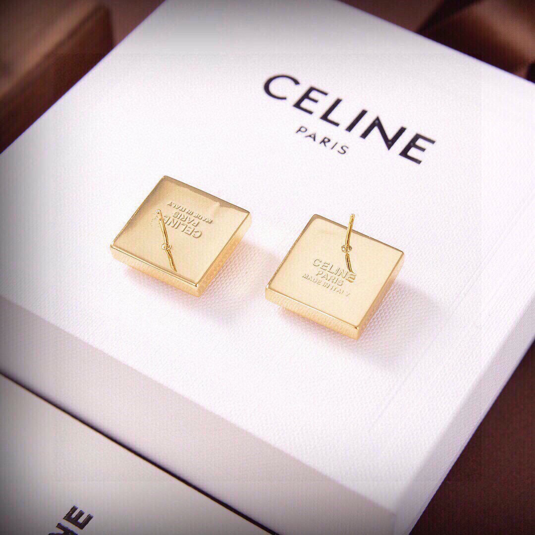 Celine Square Spinning Stud Earrings earrings Gold-tone metal with silver-tone engraved spherical center black enamel accent variant 2cm