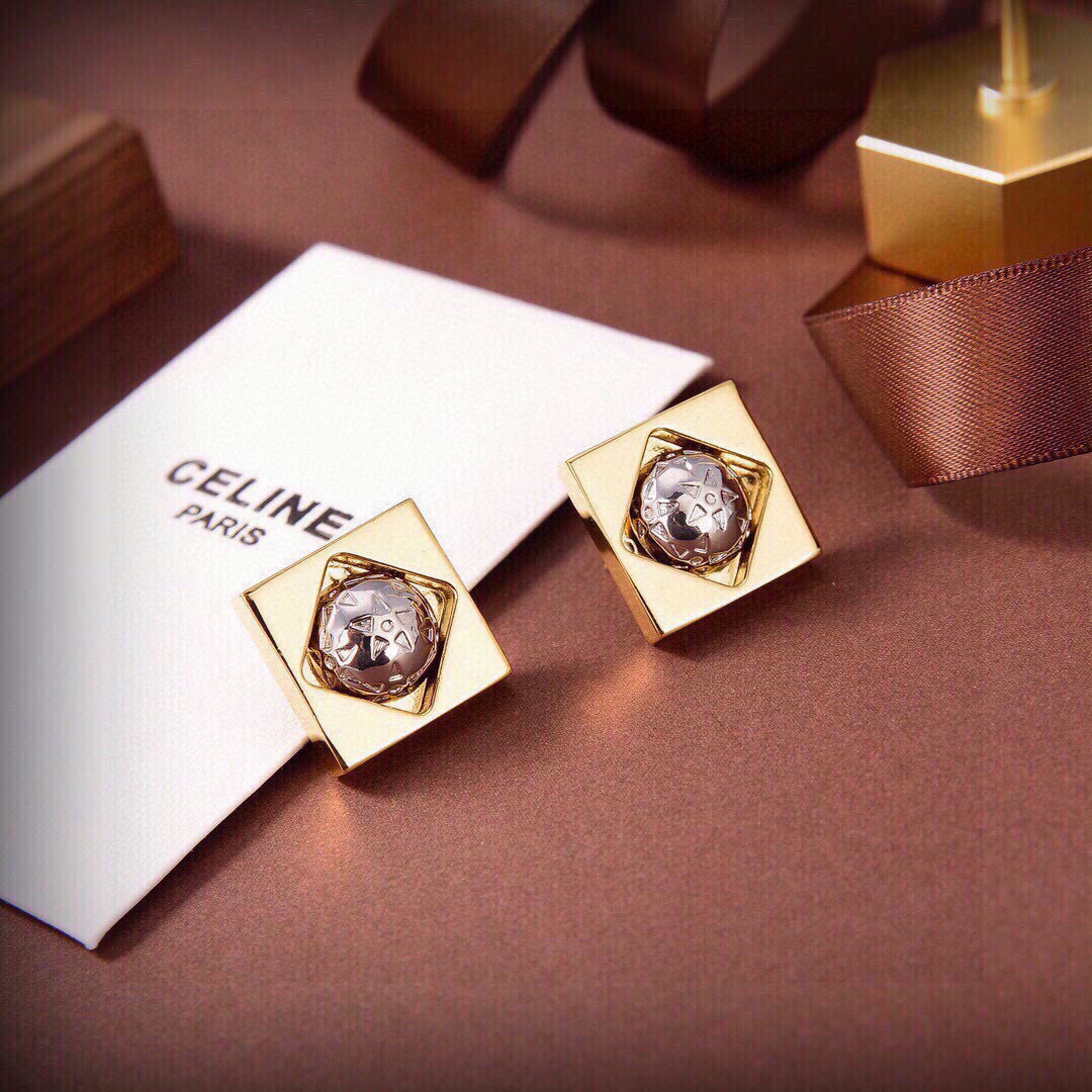 Celine Square Spinning Stud Earrings earrings Gold-tone metal with silver-tone engraved spherical center black enamel accent variant 2cm