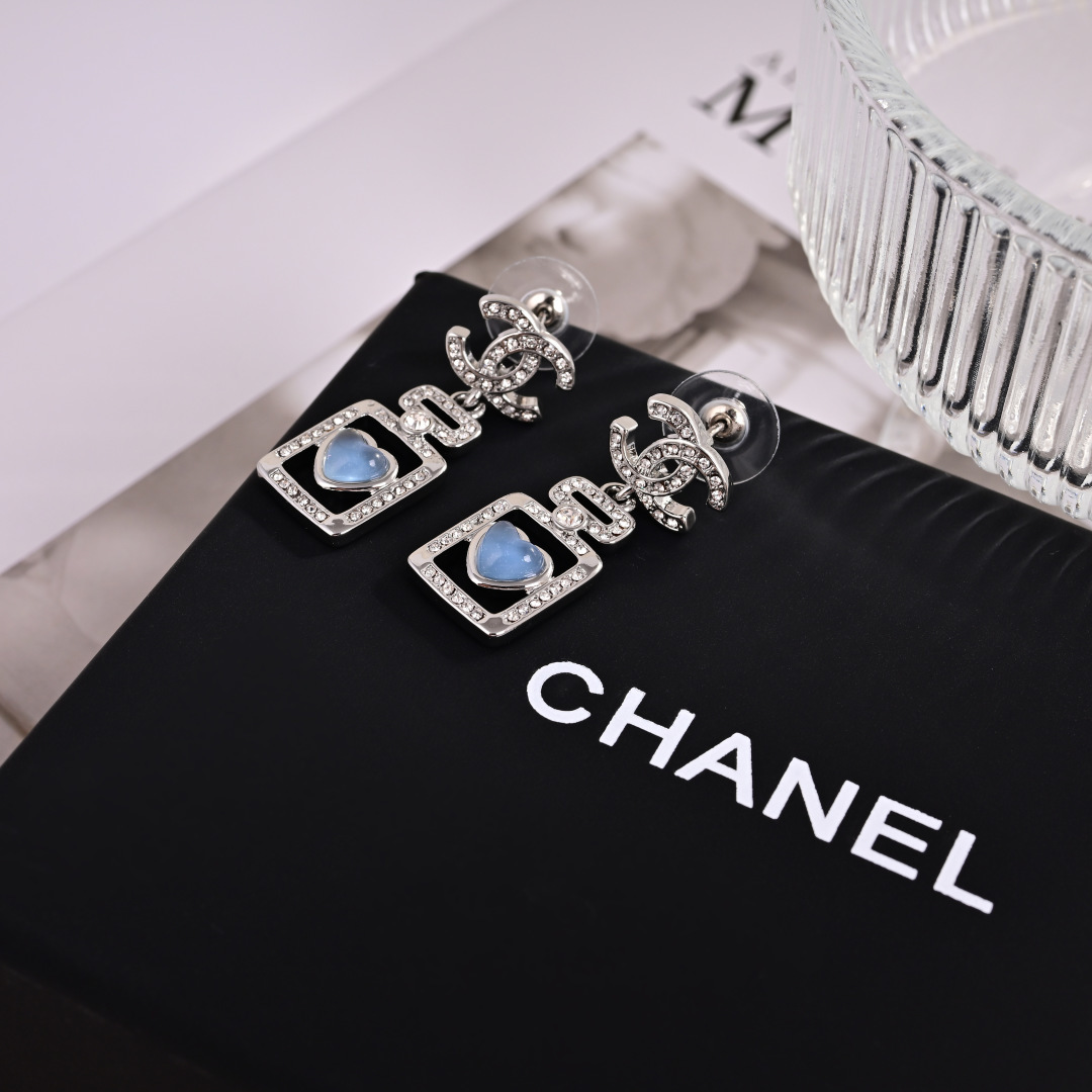 Chanel CC Logo Perfume Bottle Heart Drop Earrings earrings silver-toned metal clear crystal accents blue heart cabochon 3 2cm drop length