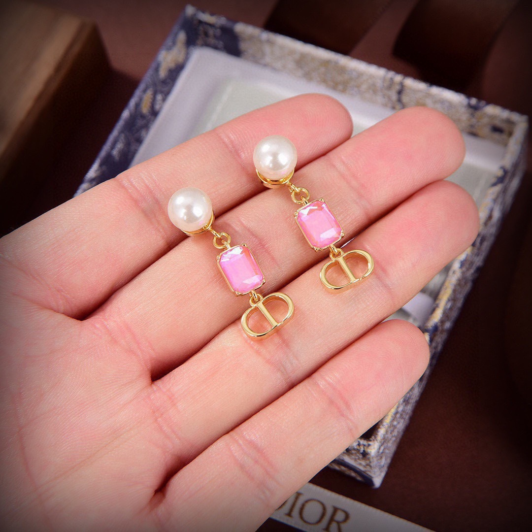 Dior Petit CD earrings Gold finish metal white resin pearl with pink bright blue fluorescent blue imitation crystal accents One Size