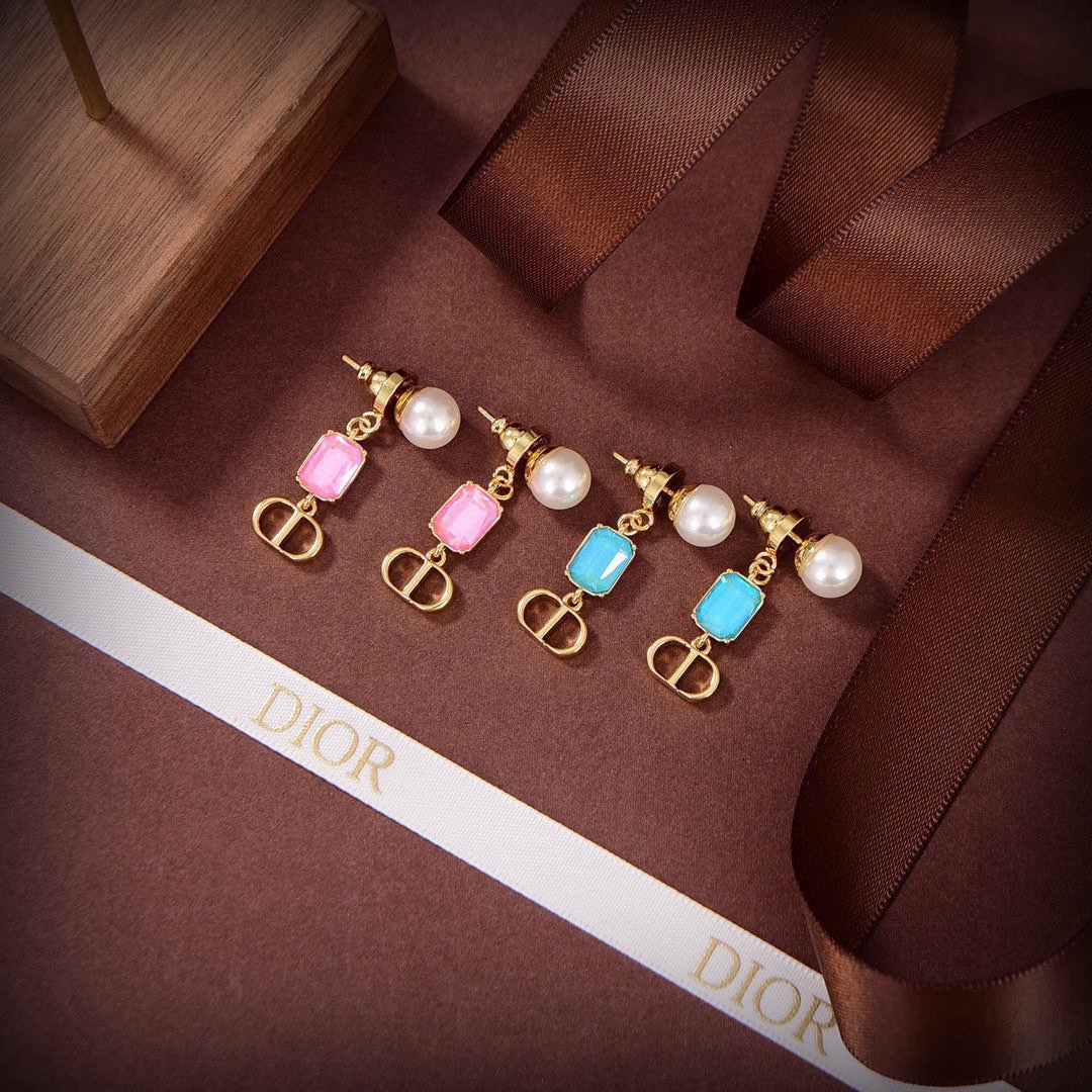 Dior Petit CD earrings Gold finish metal white resin pearl with pink bright blue fluorescent blue imitation crystal accents One Size