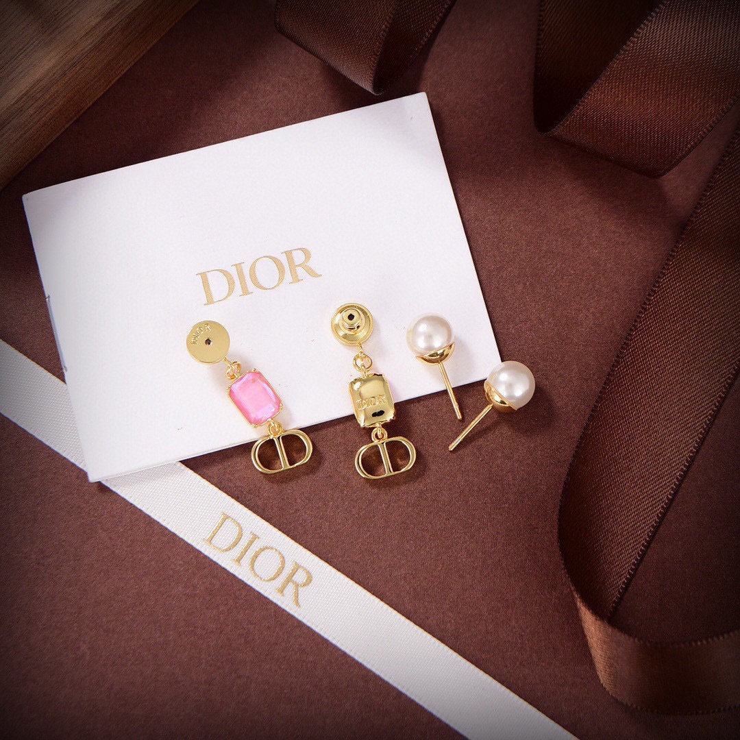 Dior Petit CD earrings Gold finish metal white resin pearl with pink bright blue fluorescent blue imitation crystal accents One Size