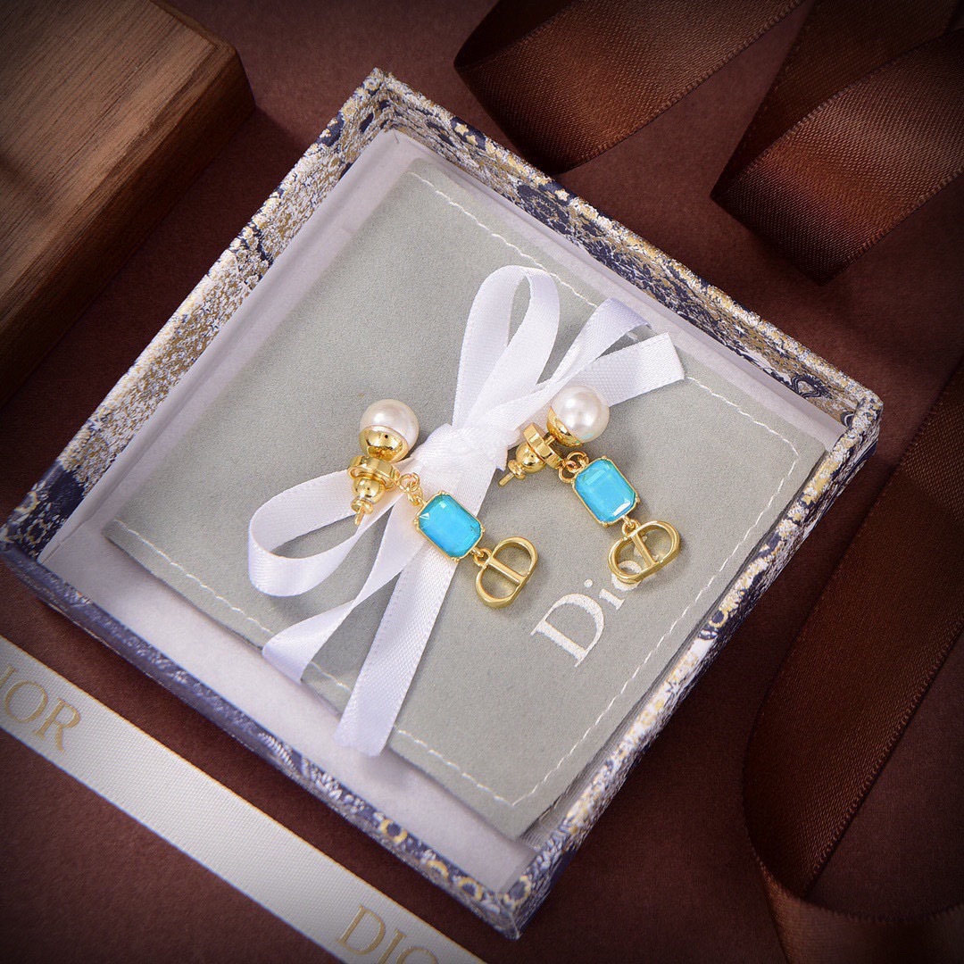 Dior Petit CD earrings Gold finish metal white resin pearl with pink bright blue fluorescent blue imitation crystal accents One Size