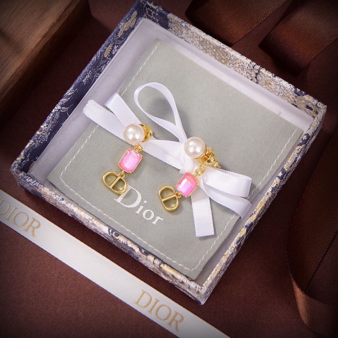 Dior Petit CD earrings Gold finish metal white resin pearl with pink bright blue fluorescent blue imitation crystal accents One Size