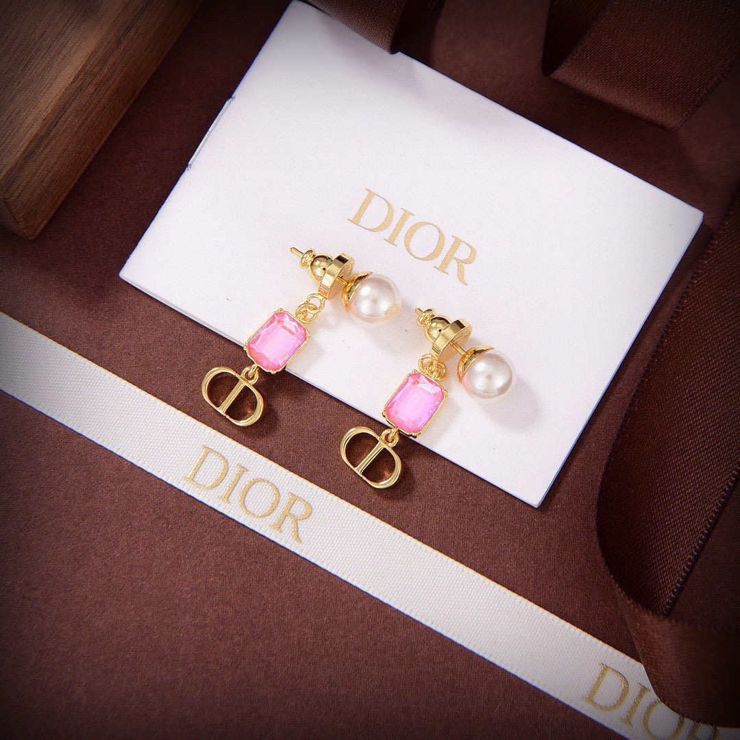 Dior Petit CD earrings Gold finish metal white resin pearl with pink bright blue fluorescent blue imitation crystal accents One Size