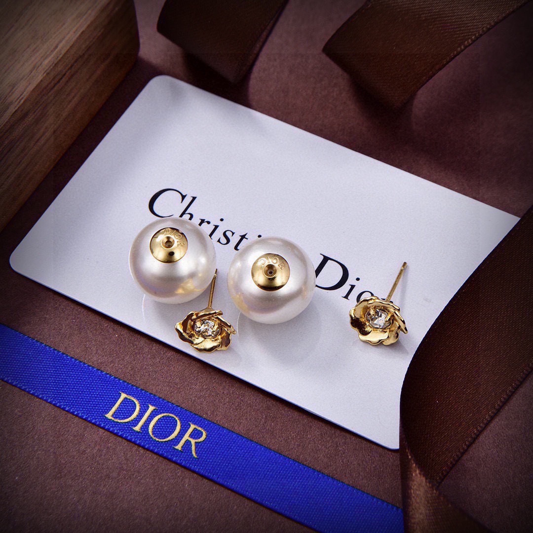 Dior Rose Pearl Double Sided Stud Earrings earrings gold-tone metal white pearl clear crystal 12mm pearl diameter 10mm post length