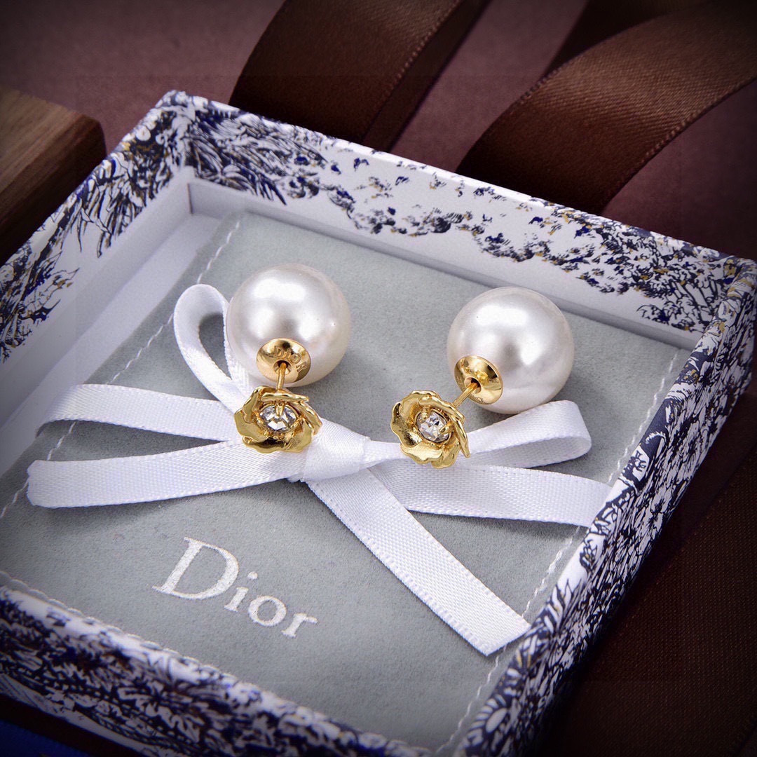 Dior Rose Pearl Double Sided Stud Earrings earrings gold-tone metal white pearl clear crystal 12mm pearl diameter 10mm post length