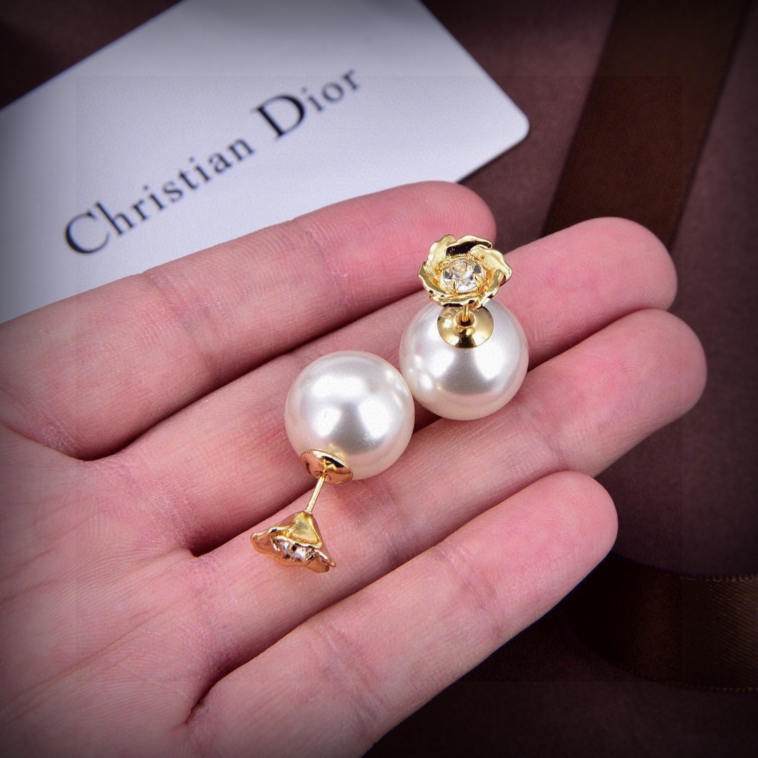 Dior Rose Pearl Double Sided Stud Earrings earrings gold-tone metal white pearl clear crystal 12mm pearl diameter 10mm post length