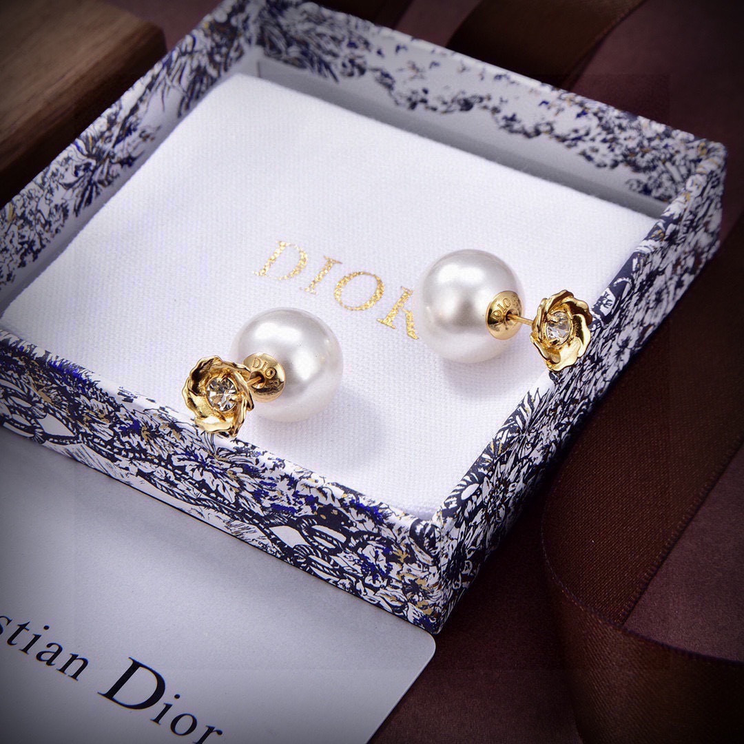 Dior Rose Pearl Double Sided Stud Earrings earrings gold-tone metal white pearl clear crystal 12mm pearl diameter 10mm post length