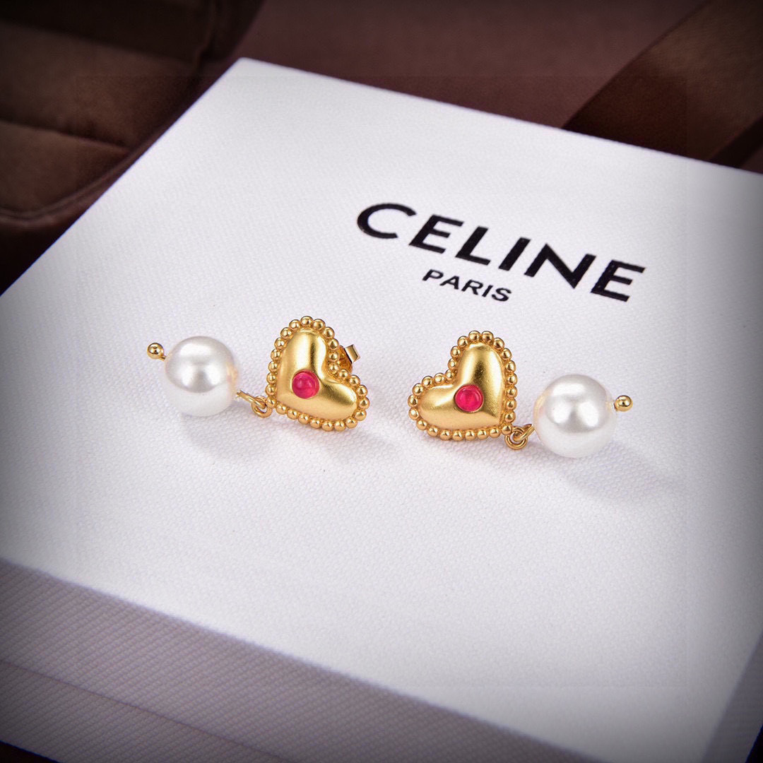 Celine PRECLOUS Heart Pearl Drop earrings gold-tone metal white pearl red cabochon stone 2 5cm drop length