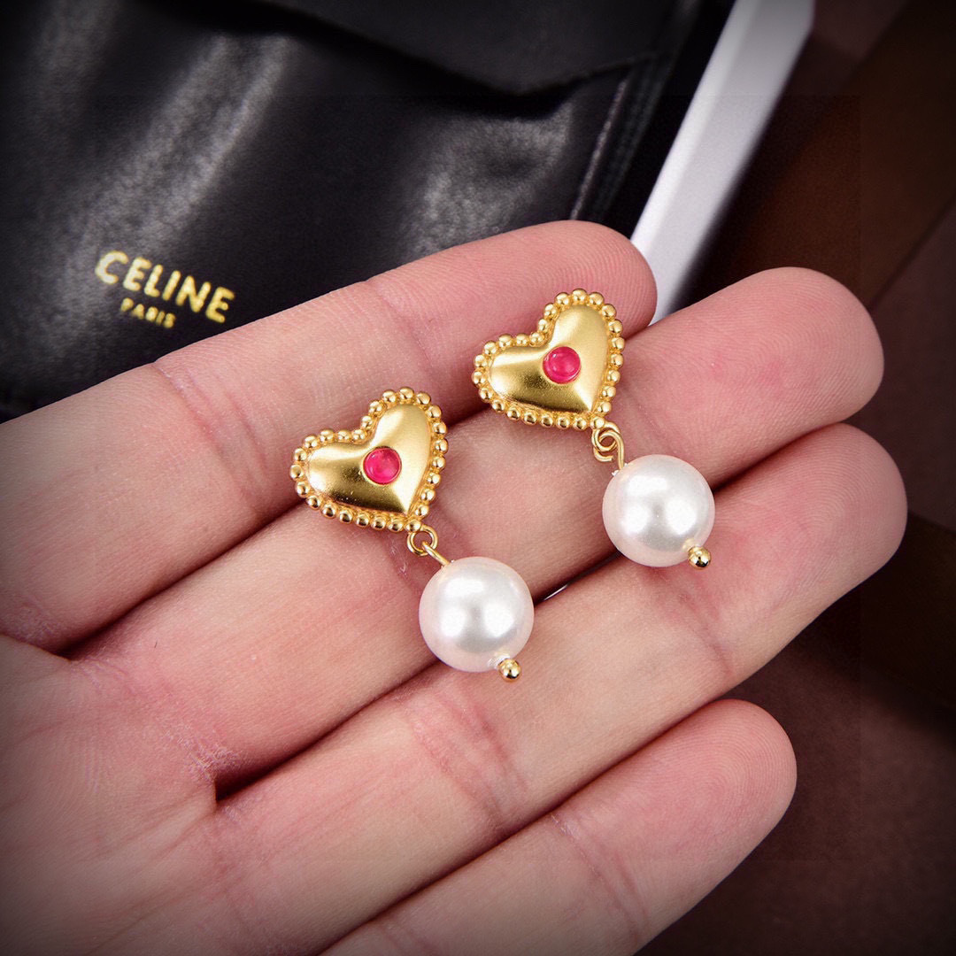 Celine PRECLOUS Heart Pearl Drop earrings gold-tone metal white pearl red cabochon stone 2 5cm drop length