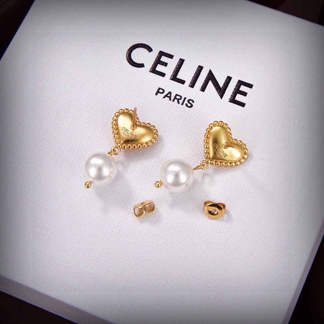Celine PRECLOUS Heart Pearl Drop earrings gold-tone metal white pearl red cabochon stone 2 5cm drop length