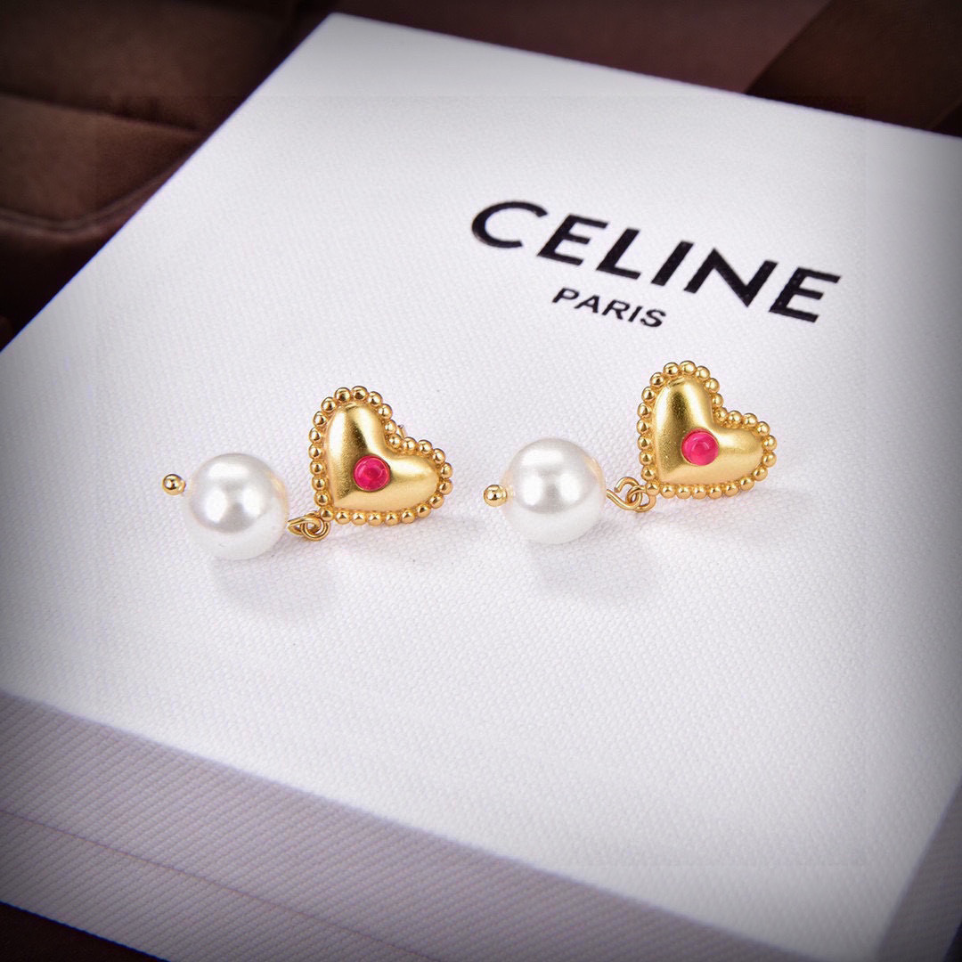 Celine PRECLOUS Heart Pearl Drop earrings gold-tone metal white pearl red cabochon stone 2 5cm drop length
