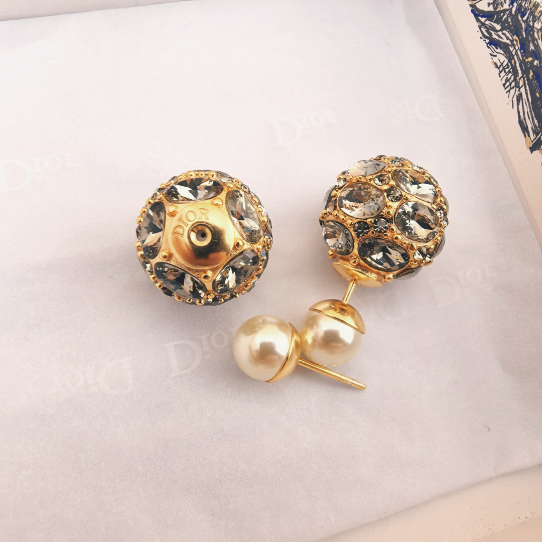 Dior Tribales earrings gold-tone metal smoky gray crystal cream white faux pearl 1 2cm front ball diameter 0 8cm pearl back