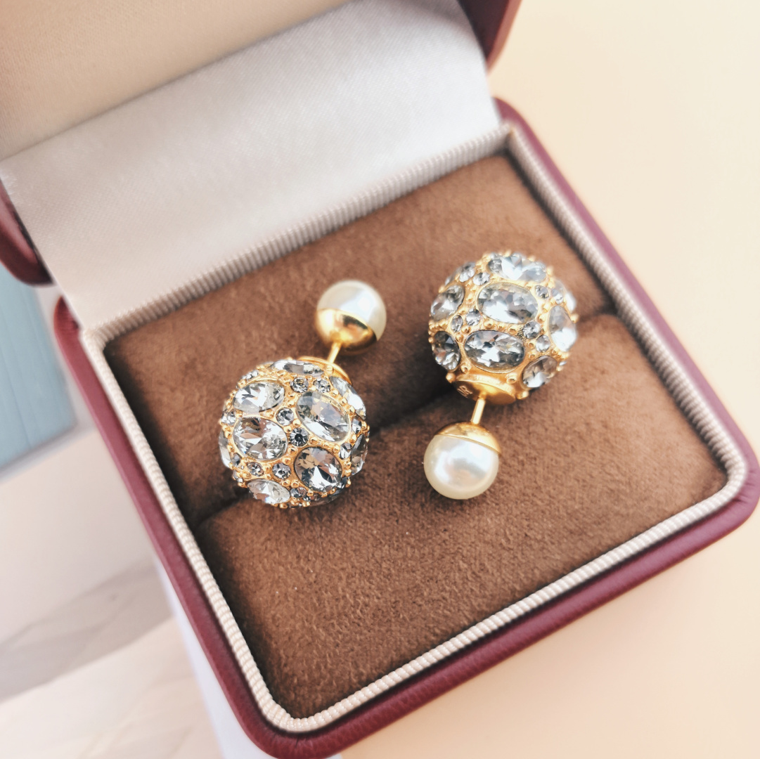 Dior Tribales earrings gold-tone metal smoky gray crystal cream white faux pearl 1 2cm front ball diameter 0 8cm pearl back
