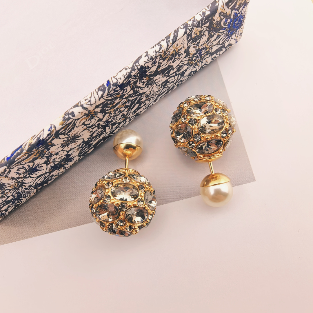 Dior Tribales earrings gold-tone metal smoky gray crystal cream white faux pearl 1 2cm front ball diameter 0 8cm pearl back
