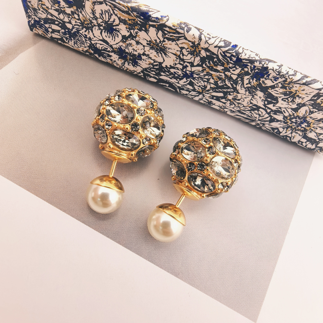 Dior Tribales earrings gold-tone metal smoky gray crystal cream white faux pearl 1 2cm front ball diameter 0 8cm pearl back