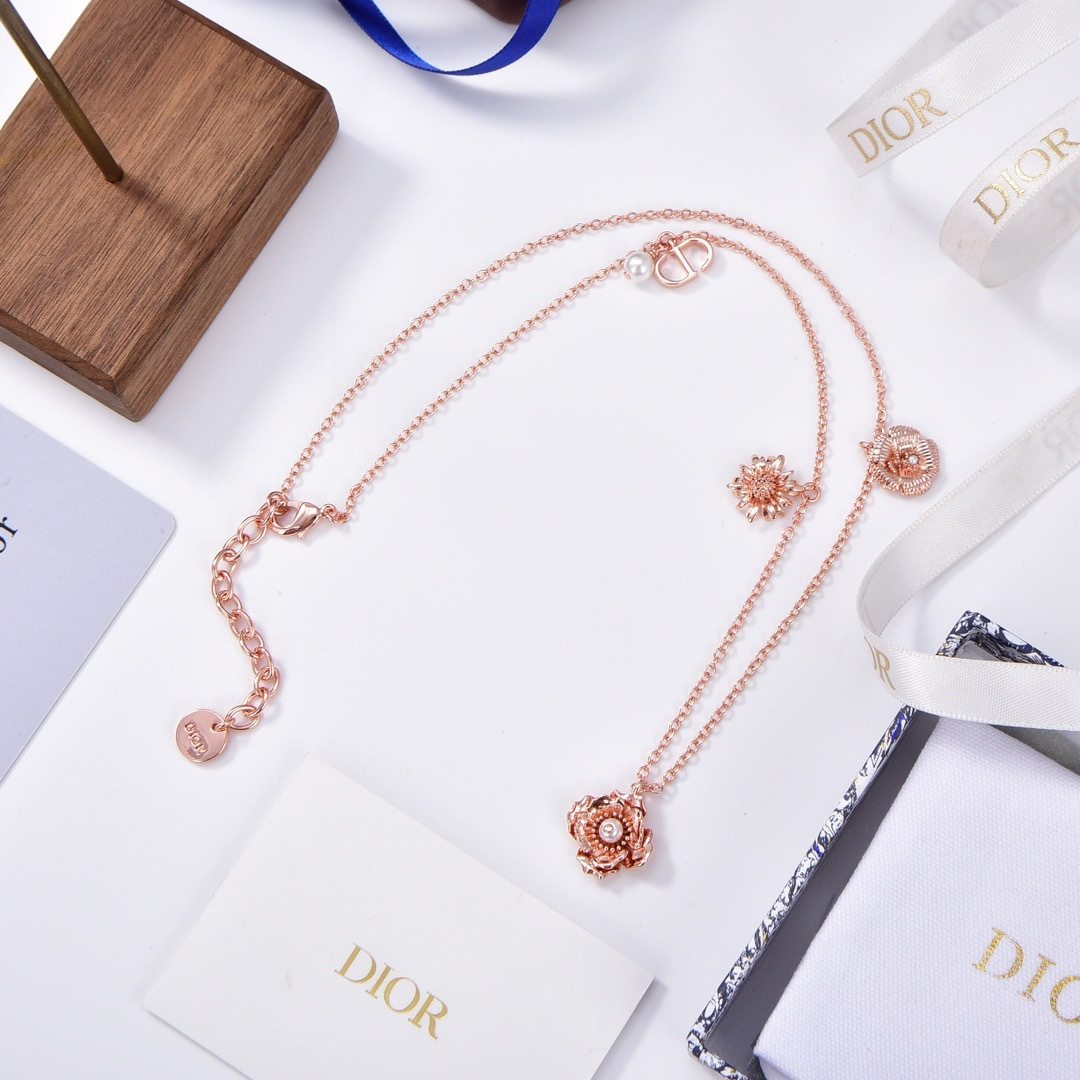 Dior D-Millefiori necklace pink matte rose gold metal with white resin pearl accents 42cm with 5cm extender chain