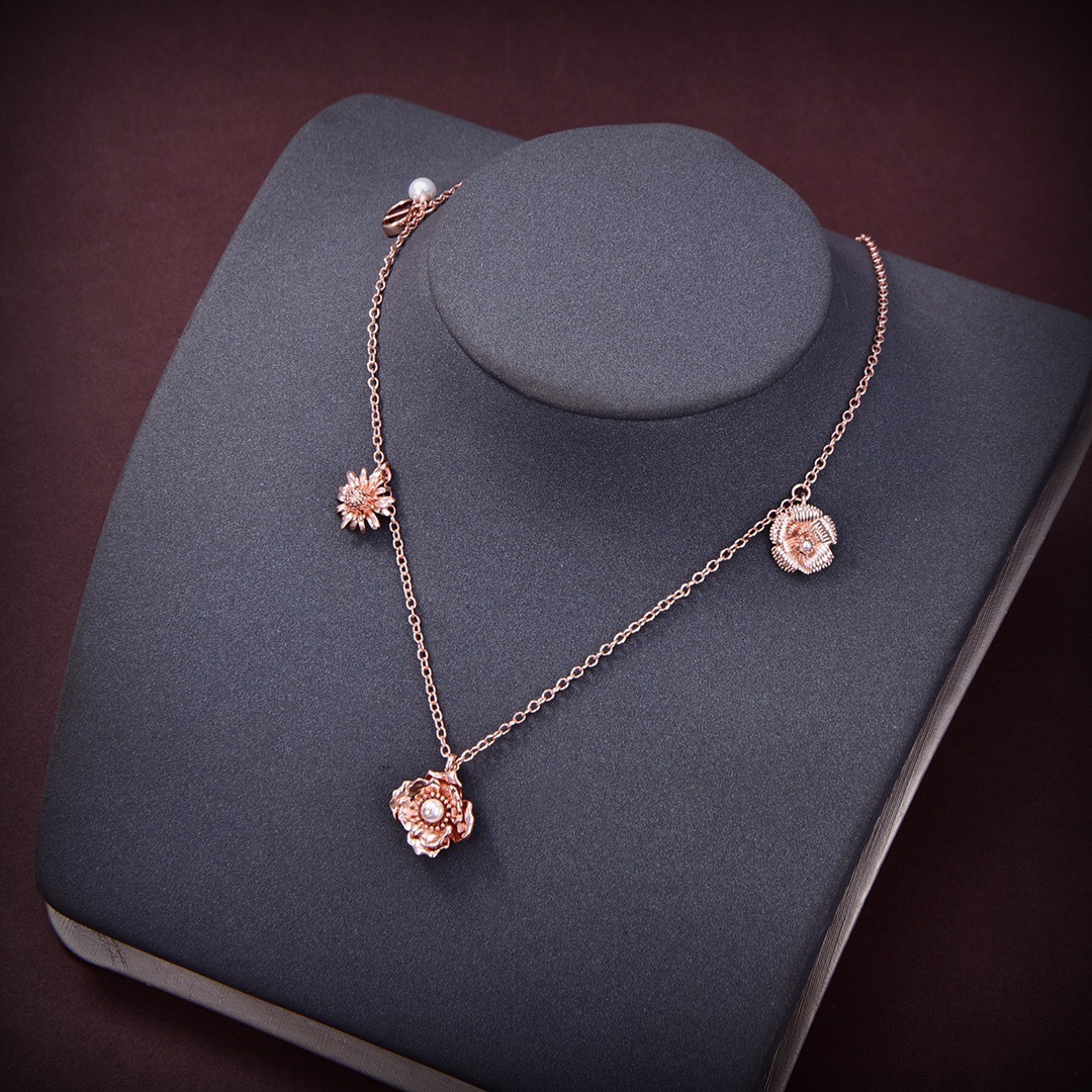 Dior D-Millefiori necklace pink matte rose gold metal with white resin pearl accents 42cm with 5cm extender chain