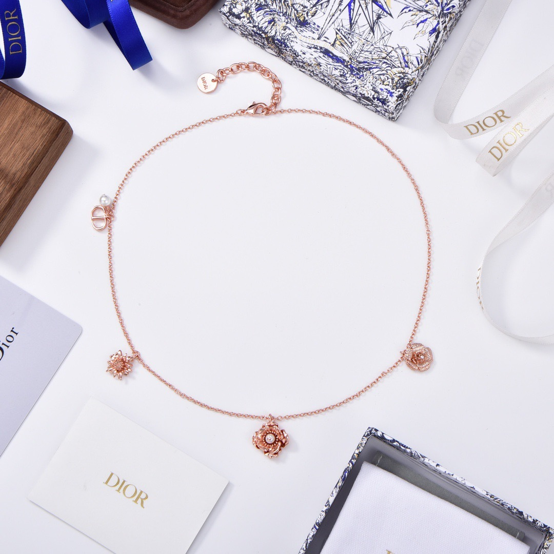 Dior D-Millefiori necklace pink matte rose gold metal with white resin pearl accents 42cm with 5cm extender chain