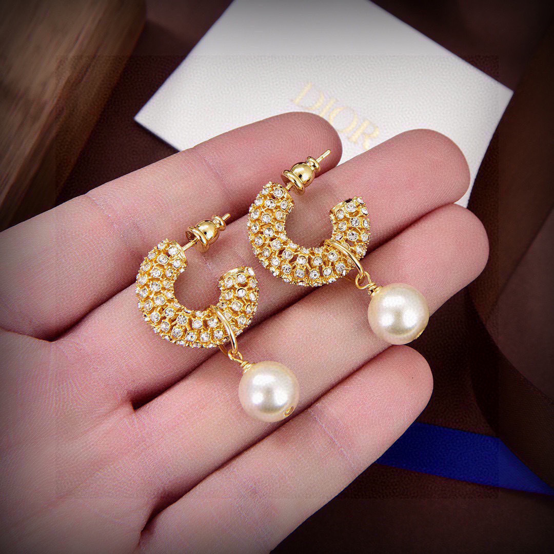 Dior Skeleton Chic earrings gold-tone metal clear crystal pave cream white pearl 1 8cm drop length