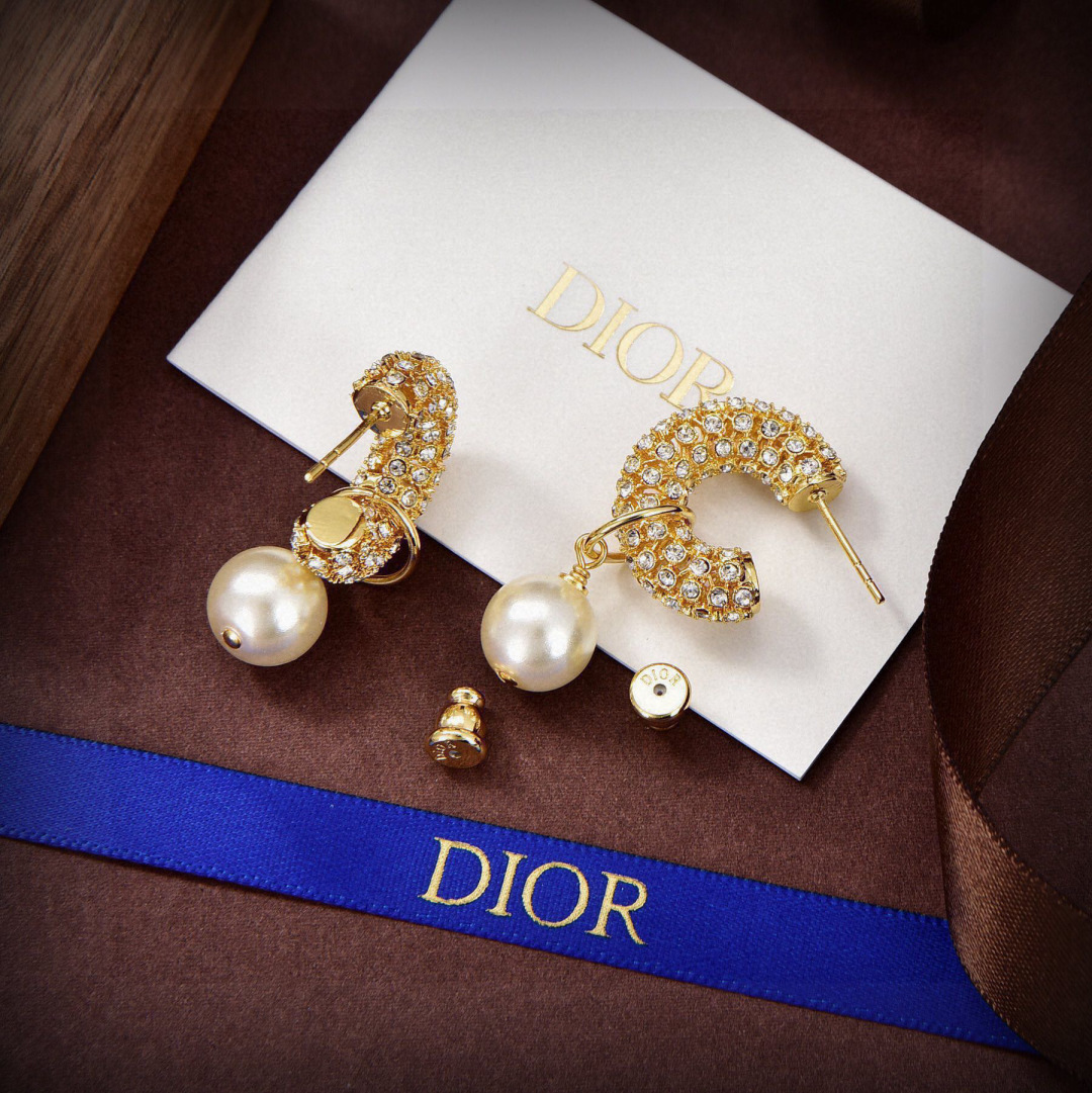 Dior Skeleton Chic earrings gold-tone metal clear crystal pave cream white pearl 1 8cm drop length