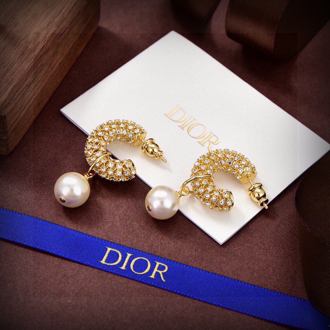 Dior Skeleton Chic earrings gold-tone metal clear crystal pave cream white pearl 1 8cm drop length