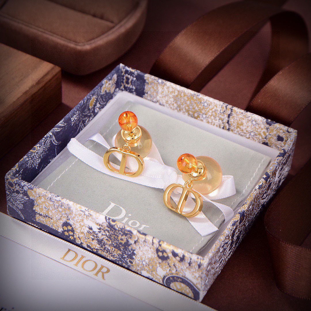 Dior Tribales earrings Gold-tone metal with champagne resin pearl and orange translucent resin bead One Size