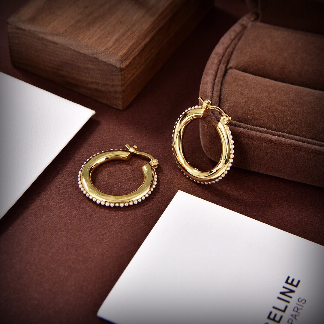 Celine PRECIOUS Pearl Hoop earrings 18k gold tone metal with white pearl accents 2cm diameter