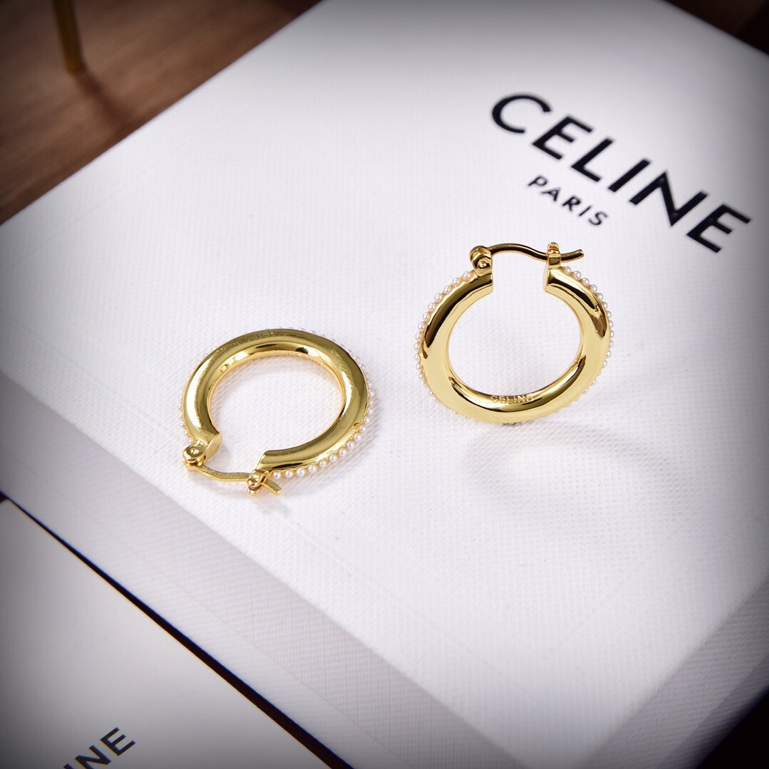 Celine PRECIOUS Pearl Hoop earrings 18k gold tone metal with white pearl accents 2cm diameter