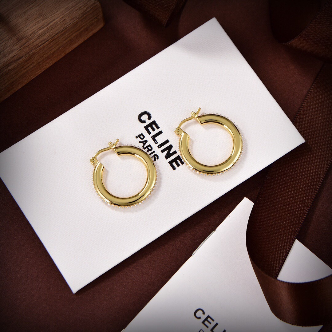 Celine PRECIOUS Pearl Hoop earrings 18k gold tone metal with white pearl accents 2cm diameter