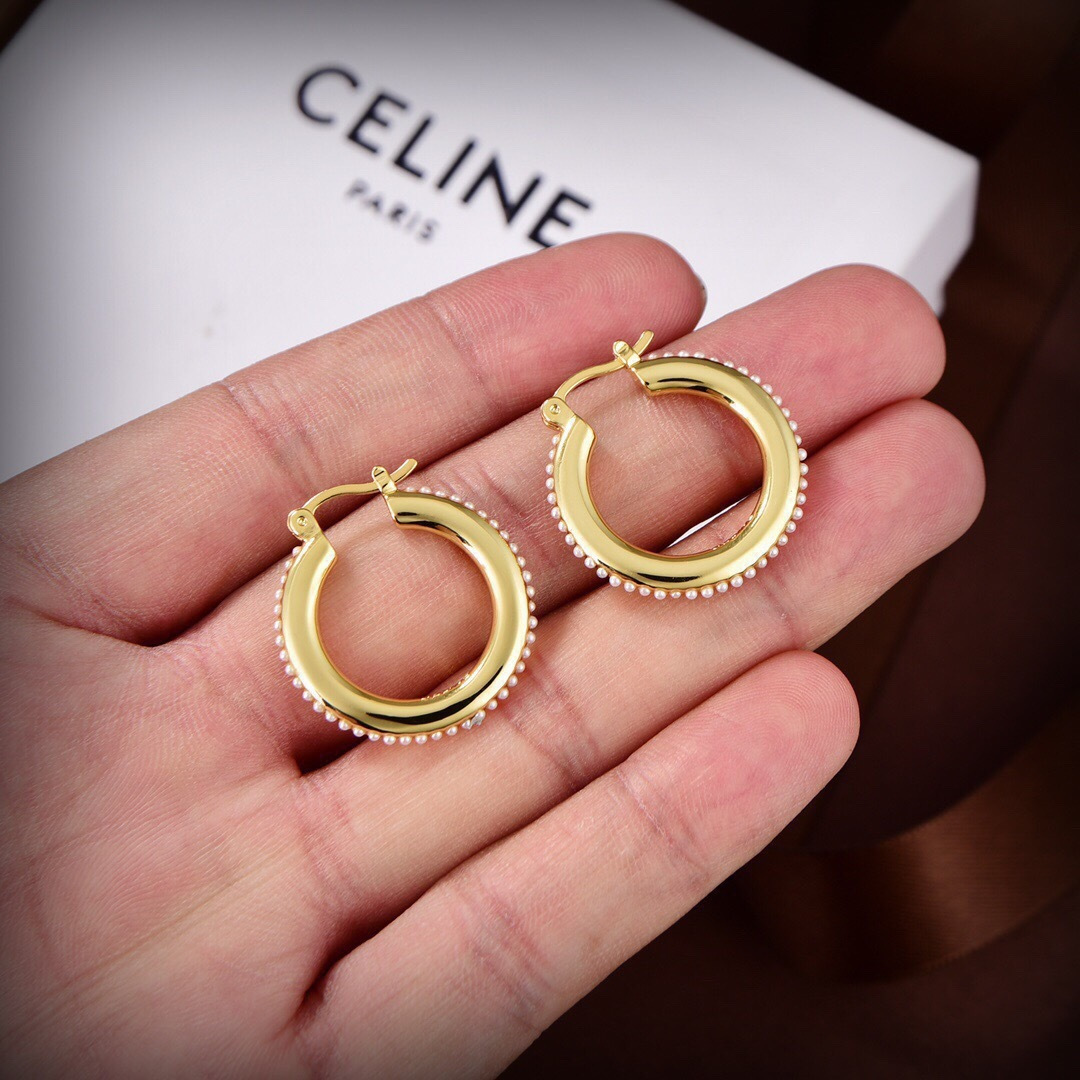 Celine PRECIOUS Pearl Hoop earrings 18k gold tone metal with white pearl accents 2cm diameter
