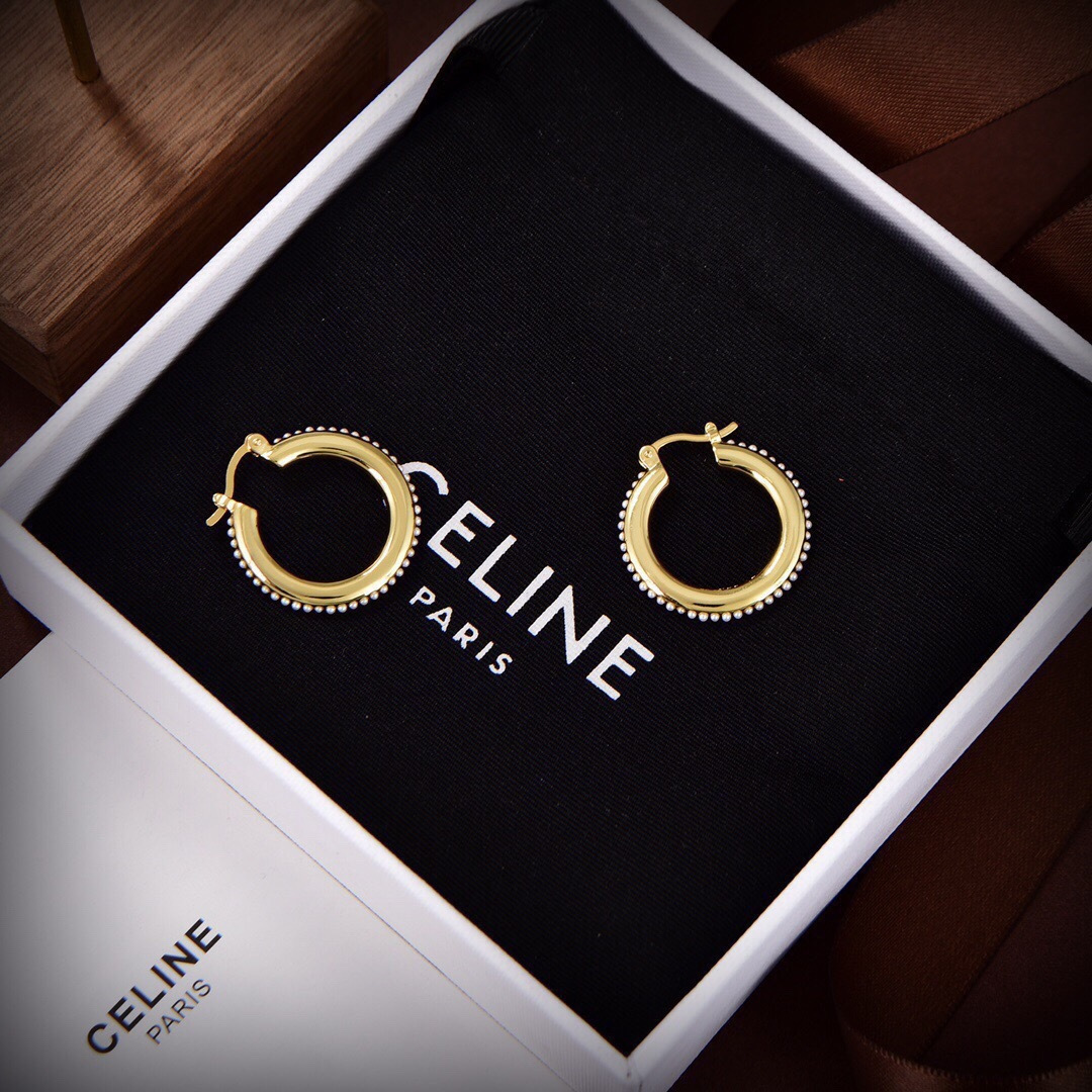 Celine PRECIOUS Pearl Hoop earrings 18k gold tone metal with white pearl accents 2cm diameter