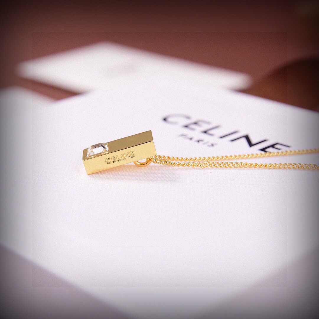 Celine PRECLOUS necklace gold-tone metal with clear square-cut stone 45cm